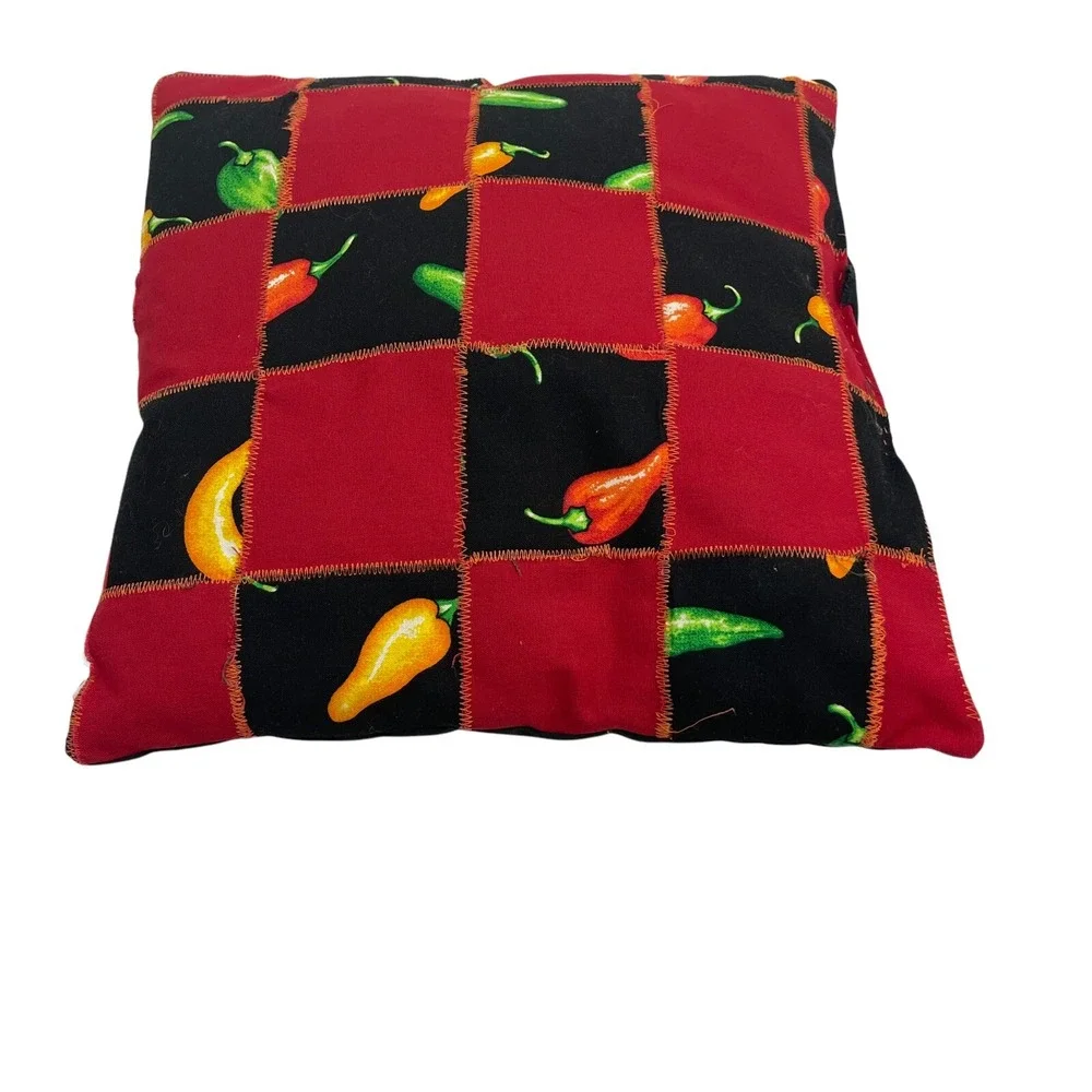 Handmade Pieced Pillow Black with Multicolor Peppers‎ 12